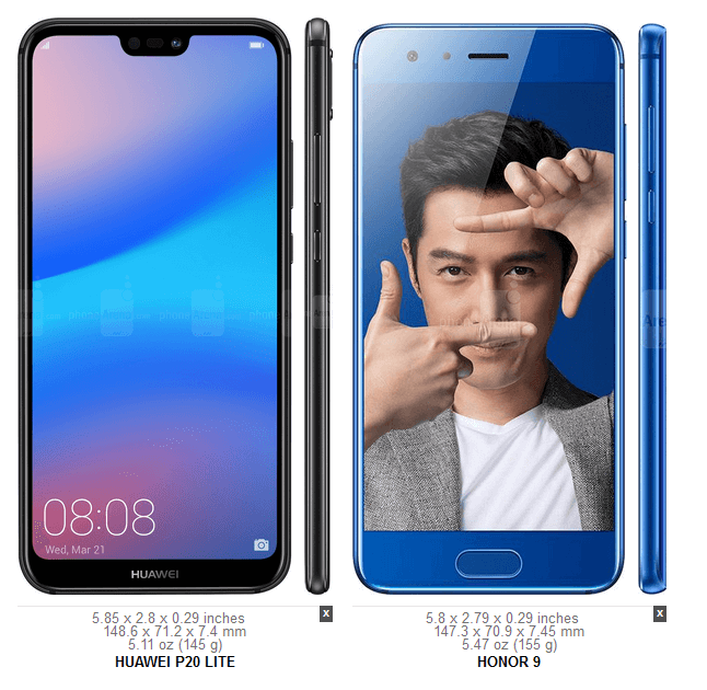 Comparação de tamanho de tela e dimensões entre o Huawei P20 Lite e o Honor 9