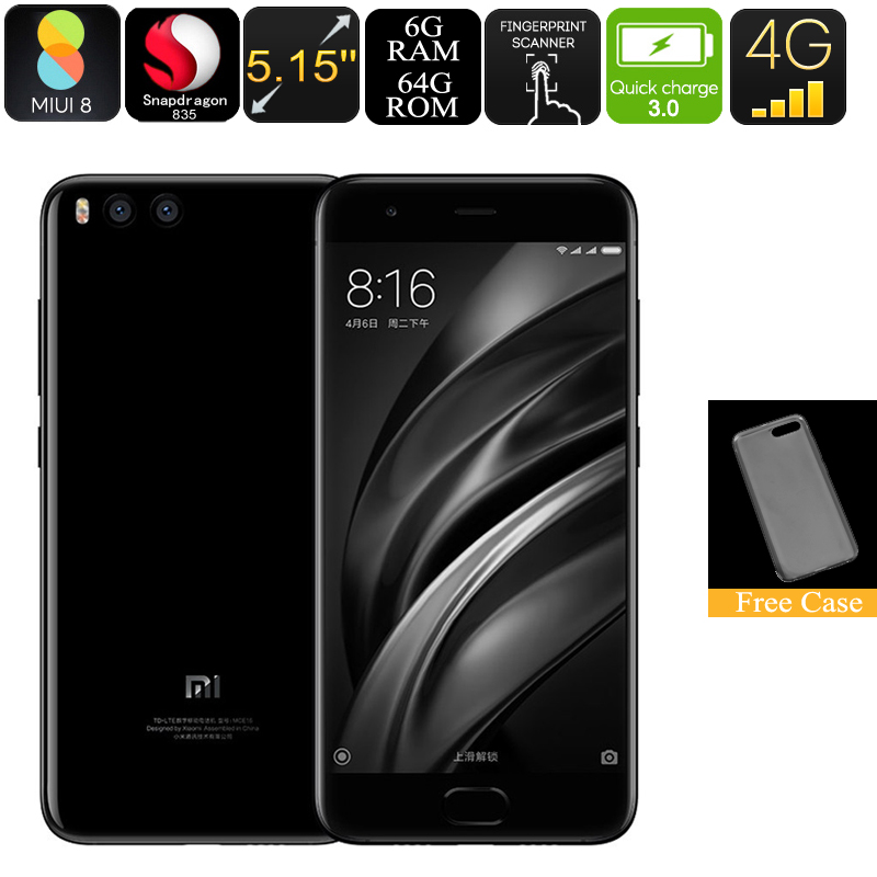 Xiaomi Mi6 Android Phone - 6GB RAM, Snapdragon CPU, NFC, Fingerprint Scanner, 4G, Dual Rear Camera, Quick Charge (Black)