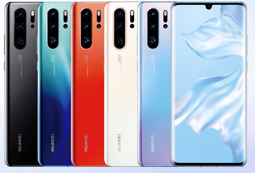 Imagem exibindo as cinco cores do Huawei P30 Pro