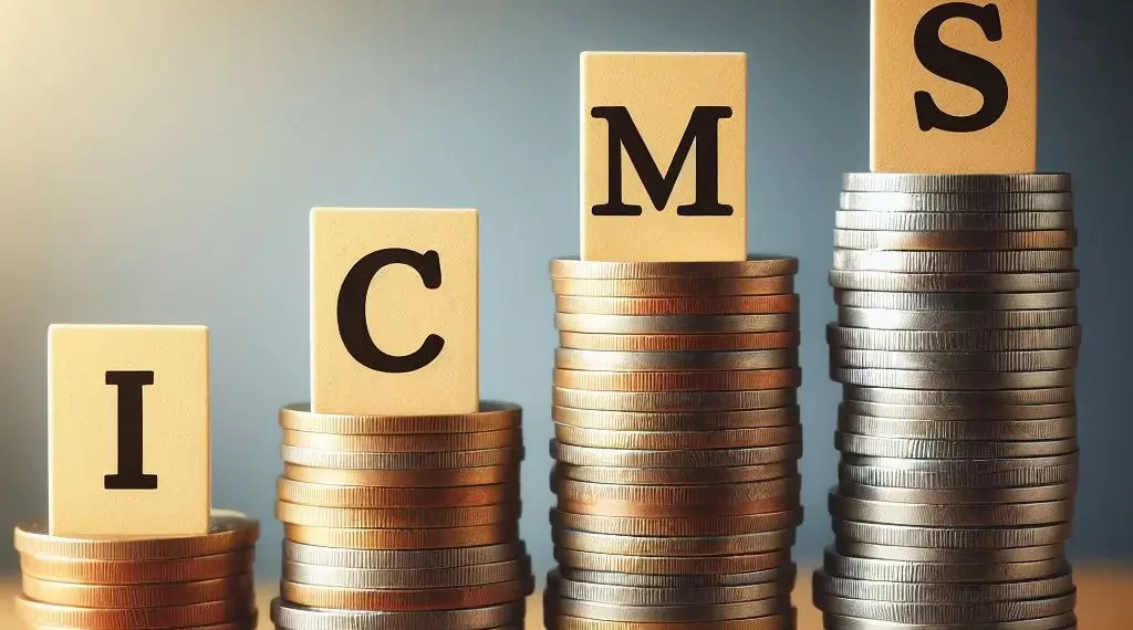 Imagem com uma pilha de moeda em ordem crescente, escrita "ICMS"