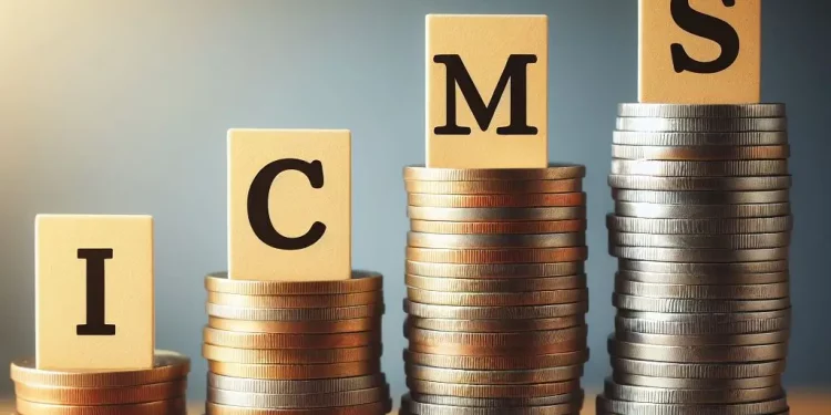 Imagem com uma pilha de moeda em ordem crescente, escrita "ICMS"
